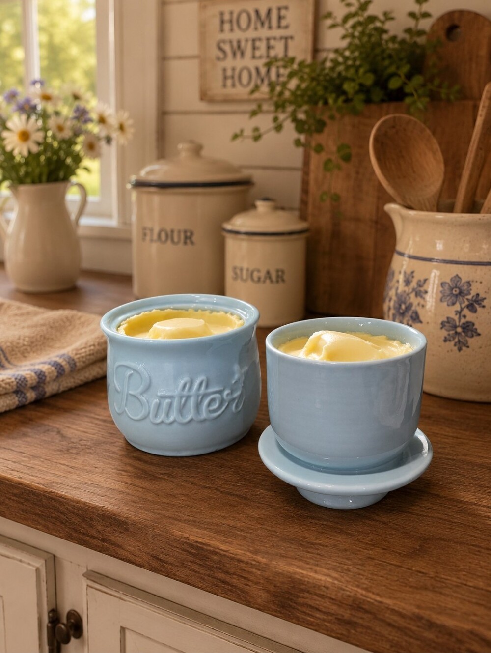 Light Blue Ceramic Butter Crock Set - Two Piece